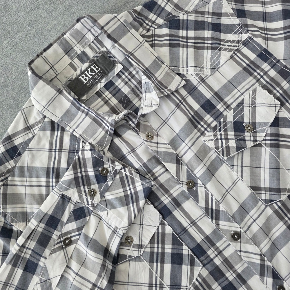BKE Athletic Fit Mens Large Plaid Button Down Shirt Grey White Long Sleeve L